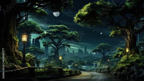 Eco-friendly planet and city at night. Trees and solar street lights. photo