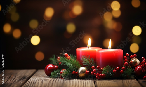 Christmas candles on a rustic wooden background