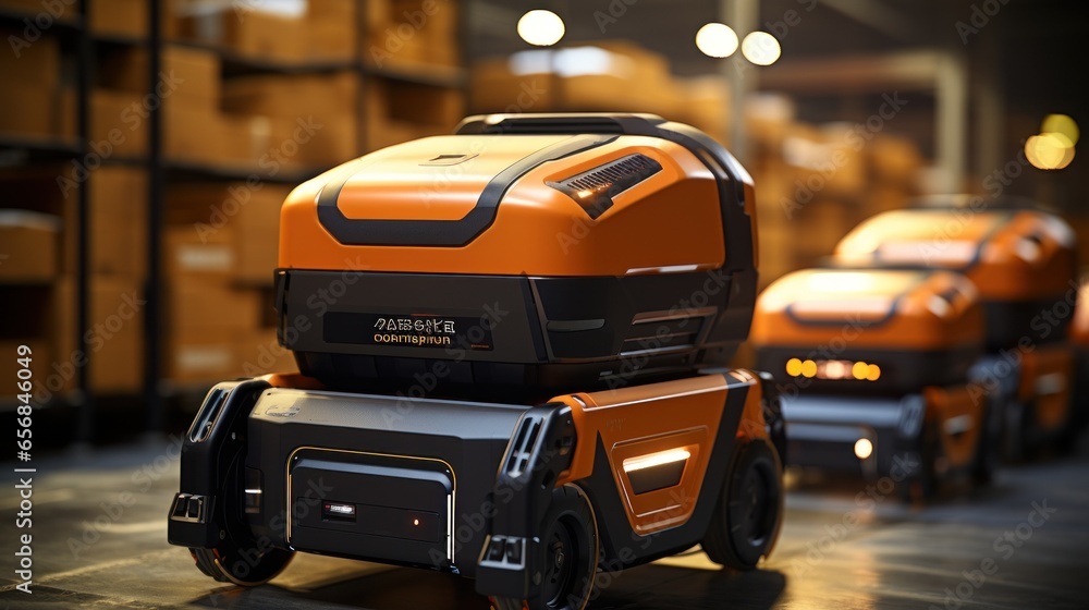 Future Technology Concept: Retail Warehouse AGV Robot with Automatic control Delivering Cardboard Boxes in Distribution Logistics. Future Technology Concept: Retail Warehouse AGV Robot with Automatic control Delivering Cardboard Boxes in Distribution Logistics.