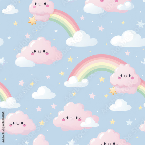 Rainbow in sky with clouds cute colorful childish repeat pattern