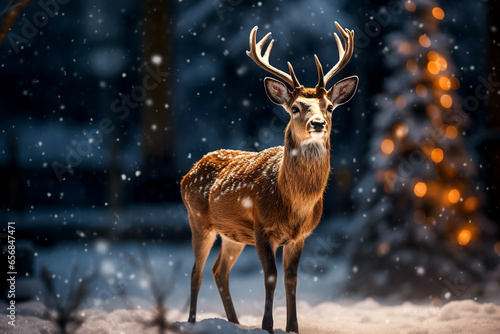 A deer standing on a Christmas tree background Generative AI © DrArt