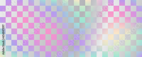Holographic foil checkerboard background. Iridescent gradient texture. Vector chessboard geometric wallpaper. Silver and neon retro Y2k illustration
