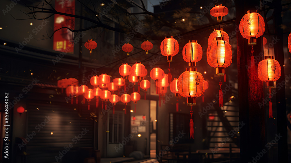 Chinese streets filled with lanterns with dim light, 
Radiant Chinese Lanterns: Nighttime Festival Delight generative with ai
