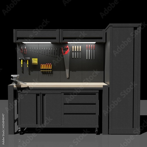 3D computer rendered illustration of an organized work bench.