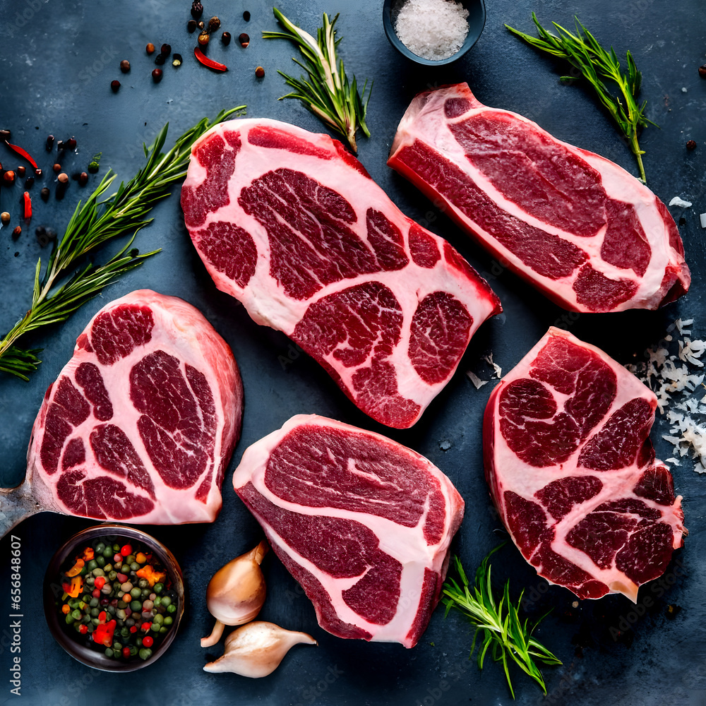 Fresh raw meat on black board top view, variety of beef steak, spices, herbs for cooking, grilling, black angus prime, striploin, rib eye, sirlion, view from above, text copy space.