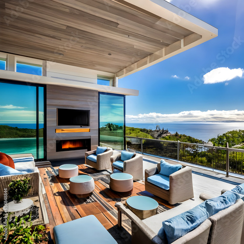 A high end residence features a deck with a picturesque ocean view, complete with a fireplace, hot tub, and outdoor furniture. © fahim