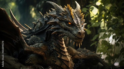 head of dragon. dragon in the forest.  the dragon looks at me.  big dragon.  symbol of the year