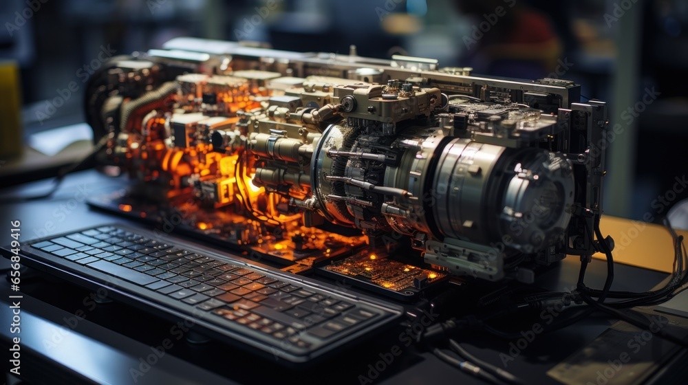 Fototapeta premium Inside a Heavy Industrial Factory Engineer Designs a Machine Turbine in 3D, Using CAD