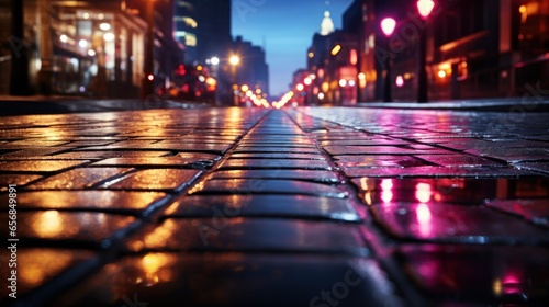 Light effects, blurred background with wet road, city night view, neon reflections on concrete floor.