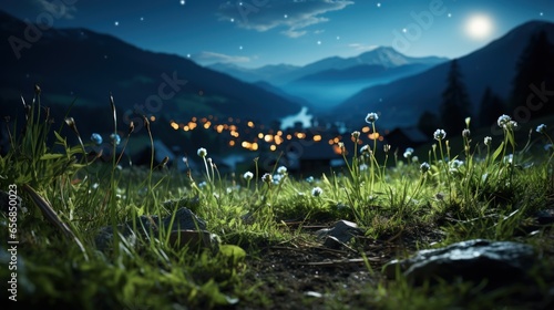the view of lush green grass in the fields and hills at night is beautiful photo