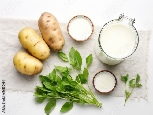 Potato milk in jar and potato tubers on white background. Flat lay.