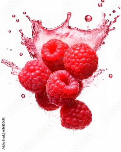 Raspberries falling down. Splashes of water.
