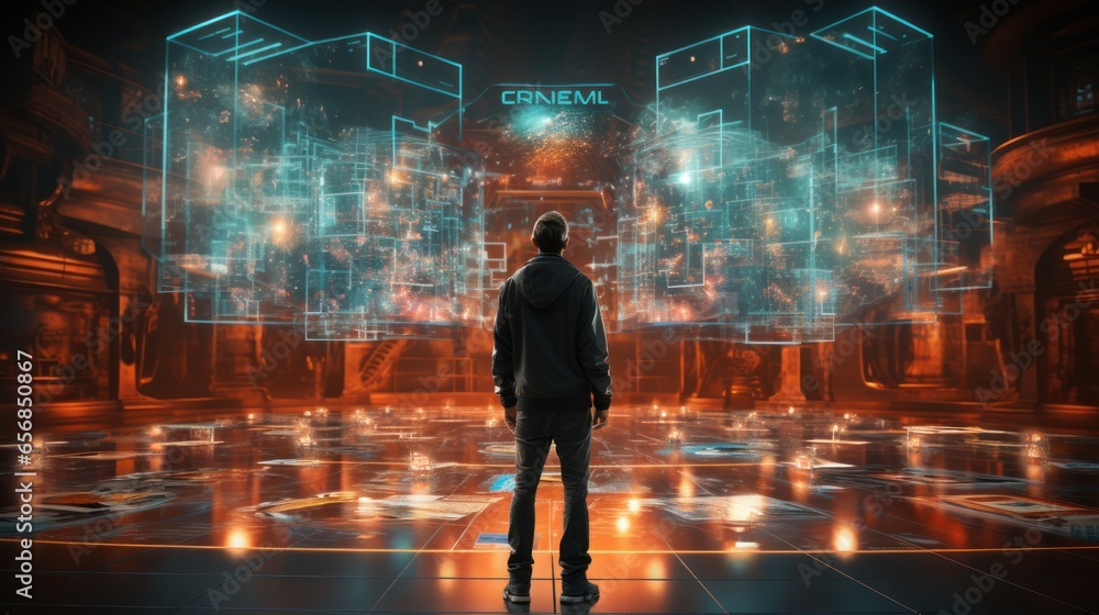 Metaverse and Blockchain Technology Concept. People Touch Objects to Experience Metaverse Virtual Worlds. Metaverse and Blockchain Technology Concept. People Touch Objects to Experience Metaverse Virtual Worlds.