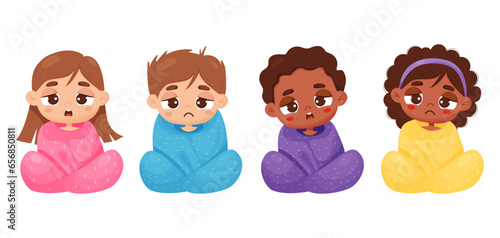Collection sad diversity boys and girls wrapped in blanket. Sick suffering fair-skinned and dark ethnic cute children. Vector illustration in cartoon style. Isolated kids characters on white.
