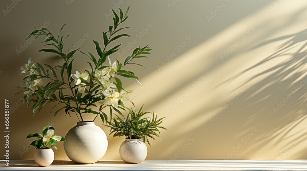 Minimalist abstract light beige background of plants in vases with light and shadow of window curtains on the wall.