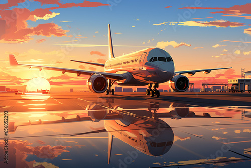 Airplane on the runway in the airport at sunset. 3d render