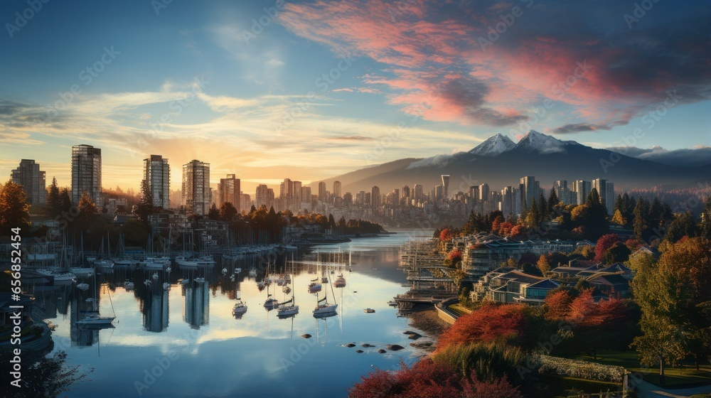 modern city skyline with views of buildings, lake and mountains at sunset.