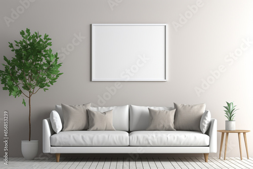 Interior of modern living room with white armchair, lamp and plant. 3d render