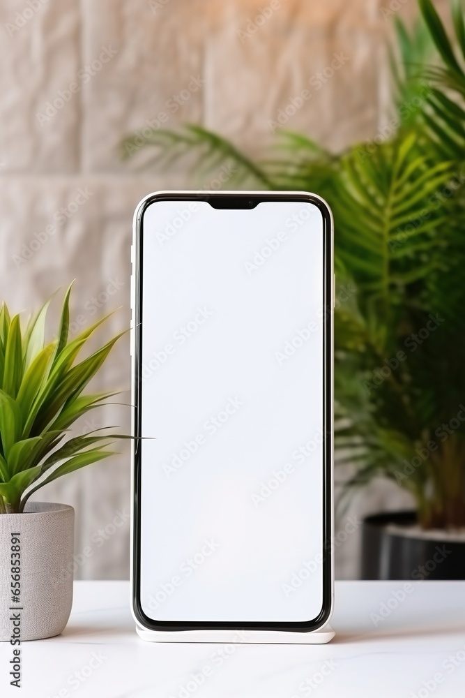 custom made wallpaper toronto digitalMockup smartphone with blank screen on table with green plant