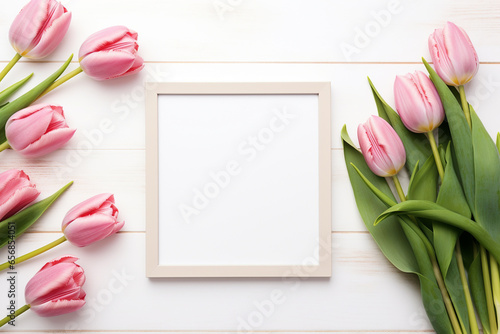 Pink tulips and blank photo frame on white wooden background. Top view with copy space