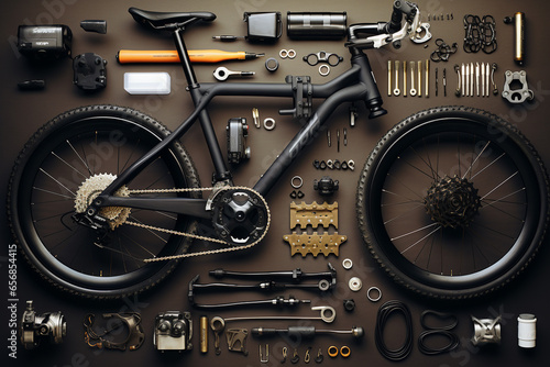 Bicycle parts and tools on green background. Top view. Flat lay.