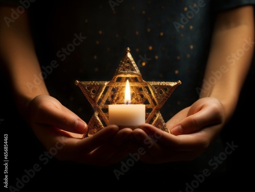 Fényképezés Hands hold a candle and beautifully designed Star of David ornament