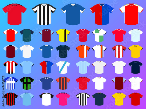 Set of 40 Football Shirt Icons - Premier English Football League - 20 Soccer Clubs Home and Away Jerseys - Simplistic, Minimalist, Modern Style Sports Vector Graphic