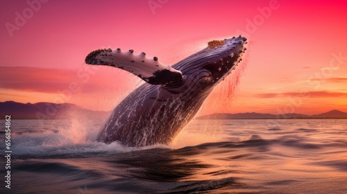 Jumping out of the water whale against the backdrop of a pink sunset © keystoker