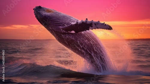 Jumping out of the water whale against the backdrop of a pink sunset  © keystoker