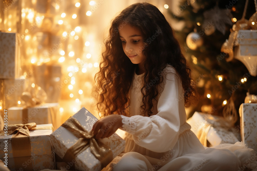 Christmas spirit. Happy little smiling girl opening gift box sitting on the floor near the Christmas tree. Happy girl unwrapping Christmas present looking in box. Holidays and celebrations concept Christmas spirit. Happy little smiling girl opening gift box sitting on the floor near the Christmas tree. Happy girl unwrapping Christmas present looking in box. Holidays and celebrations concept