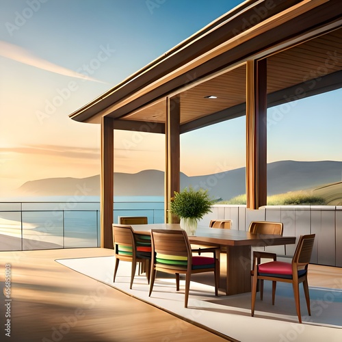 interior, window, view, room, house, home, table, architecture, sea, luxury, chair, design generative ai © Ramzan