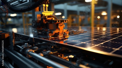 Industrial Robot Arm Grabs and Moves Solar Panels on Conveyor. Automated Manufacturing Facility.
