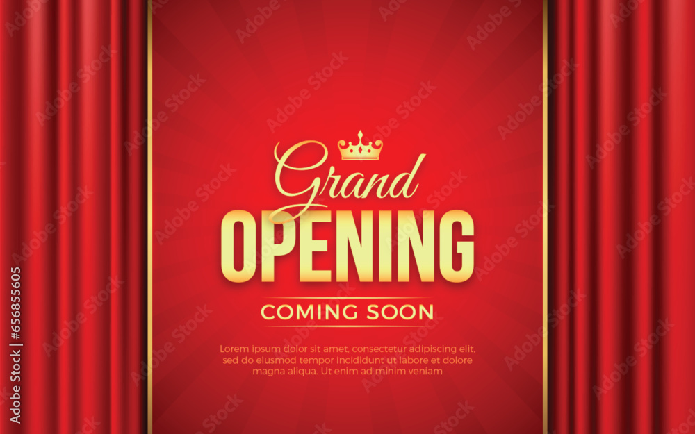 Realistic grand opening invitation banner with red curtains, golden elements and 3d editable text effect