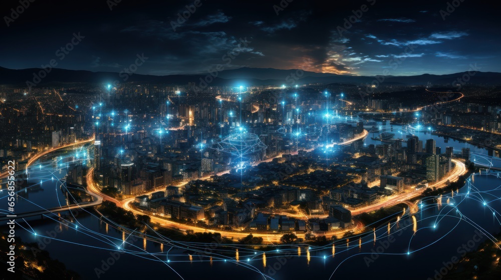 Panoramic aerial view of the city with smart services and icons, internet, network and augmented reality concept, night view.