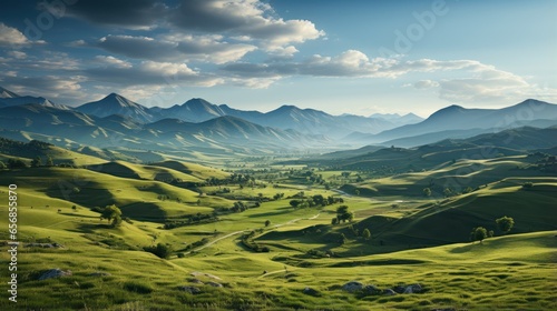 beautiful spring view in the mountains. grassy fields and hills. Wide green fields