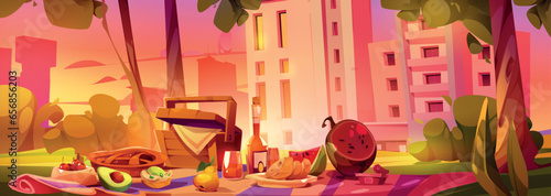 Sunset park picnic with food basket on blanket vector cartoon background. Lunch on grass scene. Romantic wine relaxation party and healthy box with packed fruit, bread and watermelon concept.