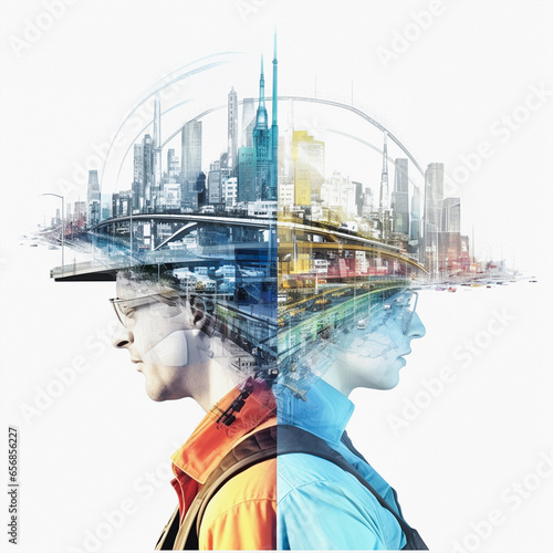 Future building construction engineering project devotion with double exposure expressway road. Building engineer, architect people or construction worker working with Duo shots Generative ai