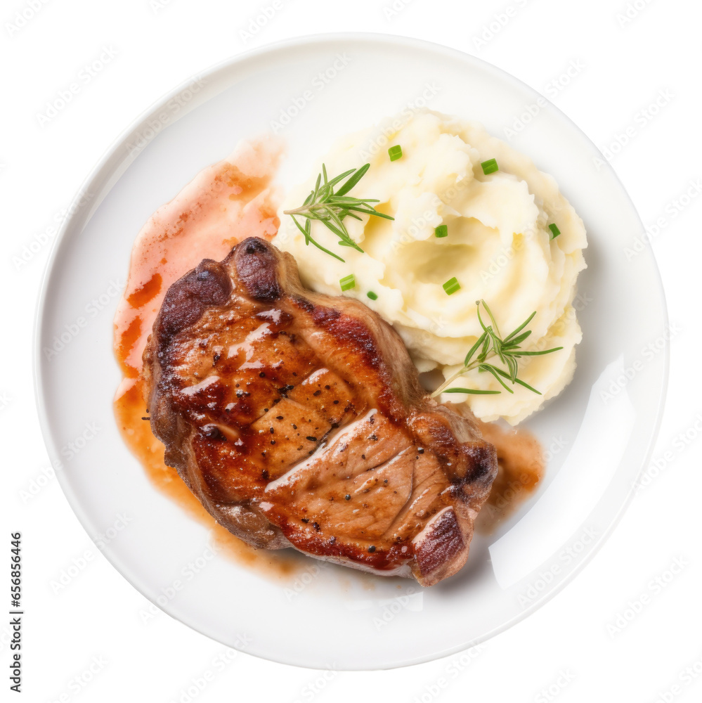 Plate of pork chop steak with mashed potato isolated.