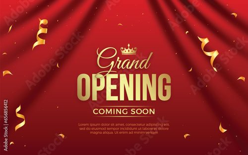 Realistic grand opening invitation banner with red curtains, golden elements and 3d editable text effect