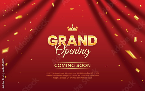 Realistic grand opening invitation banner with red curtains, golden elements and 3d editable text effect