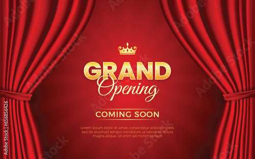 Realistic grand opening invitation banner with red curtains, golden elements and 3d editable text effect