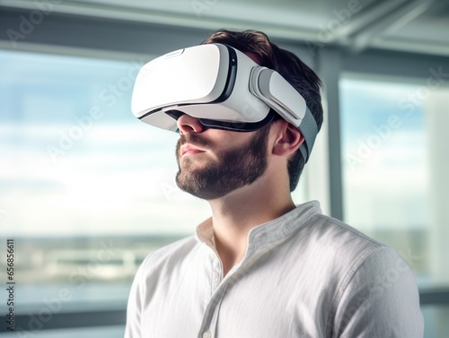 Young man wearing virtual reality glasses © keystoker