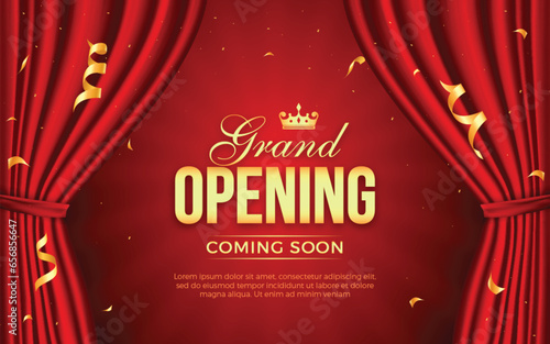 Realistic grand opening invitation banner with red curtains, golden elements and 3d editable text effect