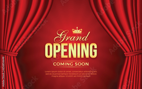 Realistic grand opening invitation banner with red curtains, golden elements and 3d editable text effect