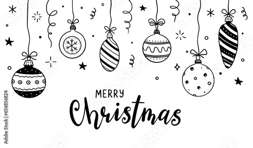 Doodle christmas ball element background. Hand drawn sketch line style xmas ball. Cute merry christmas bauble for border, background design with text place. Isolated vector illustration.