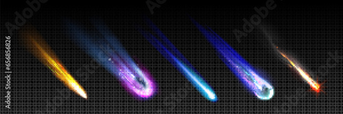 Falling and burning comet with light trail - realistic vector illustration set of space meteor or asteroid flying at high speed, flaming and leaving glow fire or ice tail behind. Star rain concept.