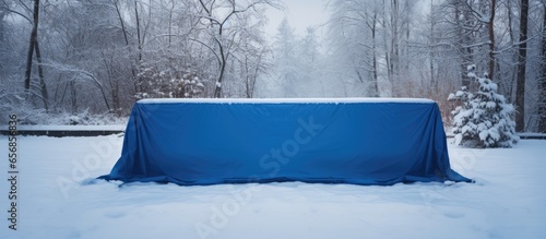 During winter a blue tarpaulin covers a small pool to keep dirt out