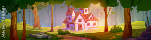 House on sunny glade in magic forest. Vector cartoon illustration of nice old cottage with wooden windows, door, chimney on roof, stone footpath in shadows of tall trees, fairytale game background