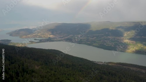 Wide Panoramic Viewpoint in Canadian Mountains overlooking Okanagan Lake, Wood and Kalamalka Lake in Lakecountry in British Columbia's Spion Kop Mt. Oyama, Kelowna, Vernon, Carrs Landing, Wineries. photo