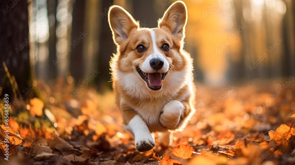 A cheerful corgi puppy quickly runs through the fallen autumn leaves. Walking with a dog in a park or forest